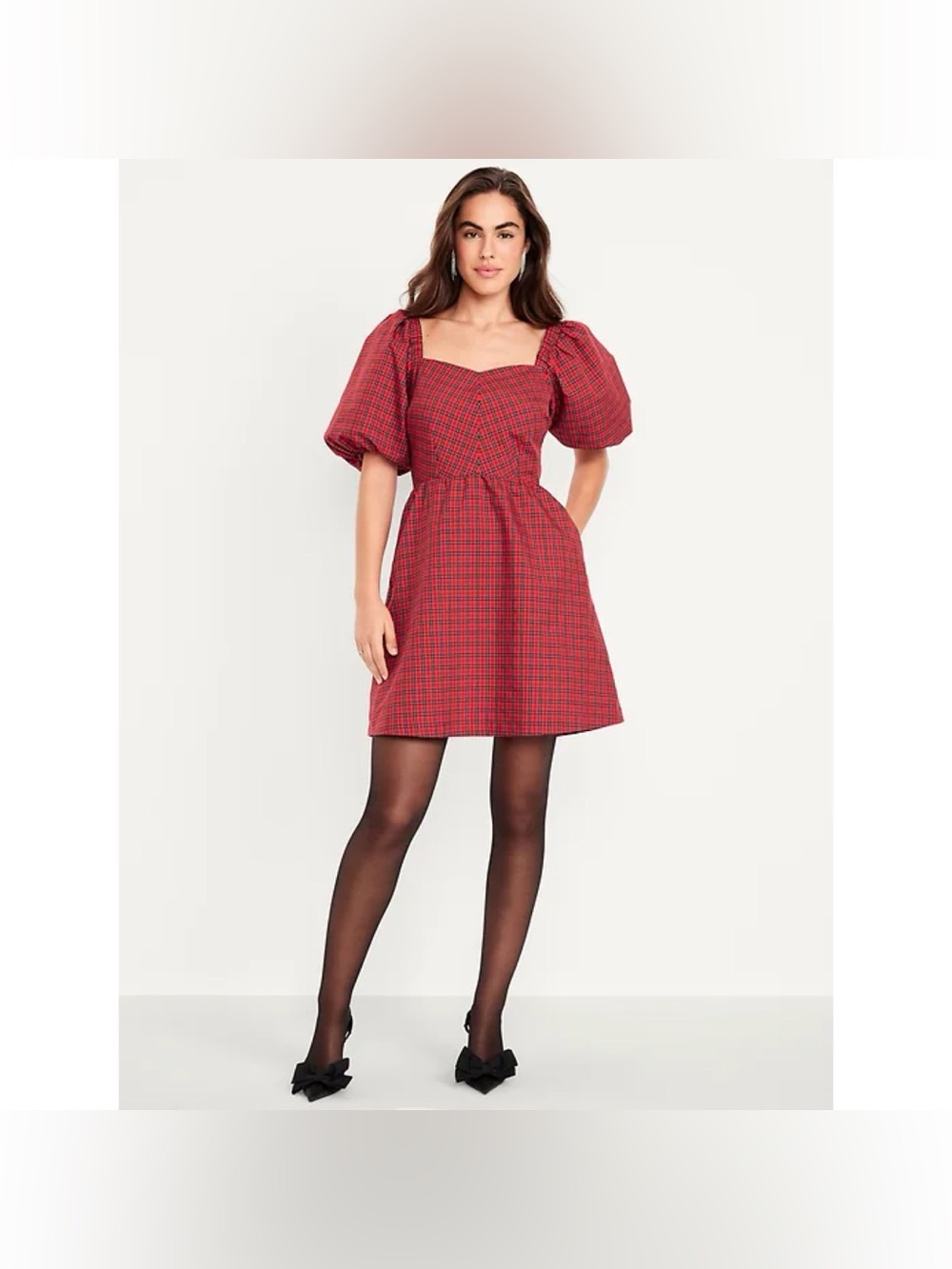 NWT Old Navy Puff-Sleeve Plaid Fit & Flare Taffeta Mini Dress Medium